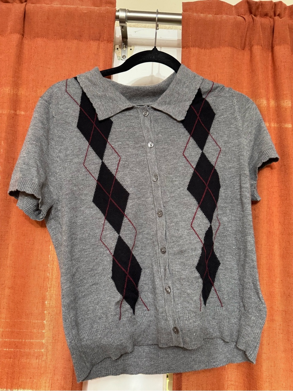 A. Byer Gray Short-Sleeve Button-Up Polo with Black Argyle and Red Accents